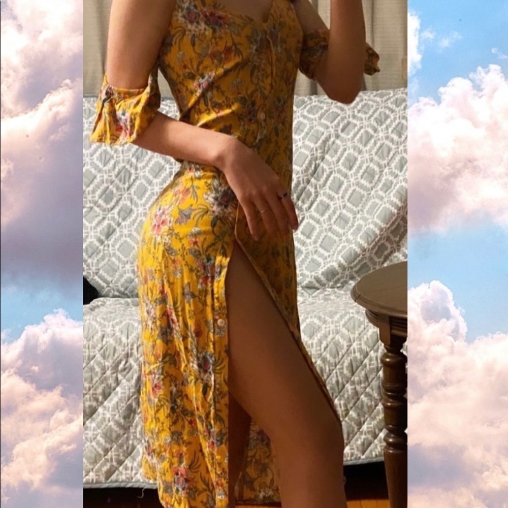 Yellow flowy dress.